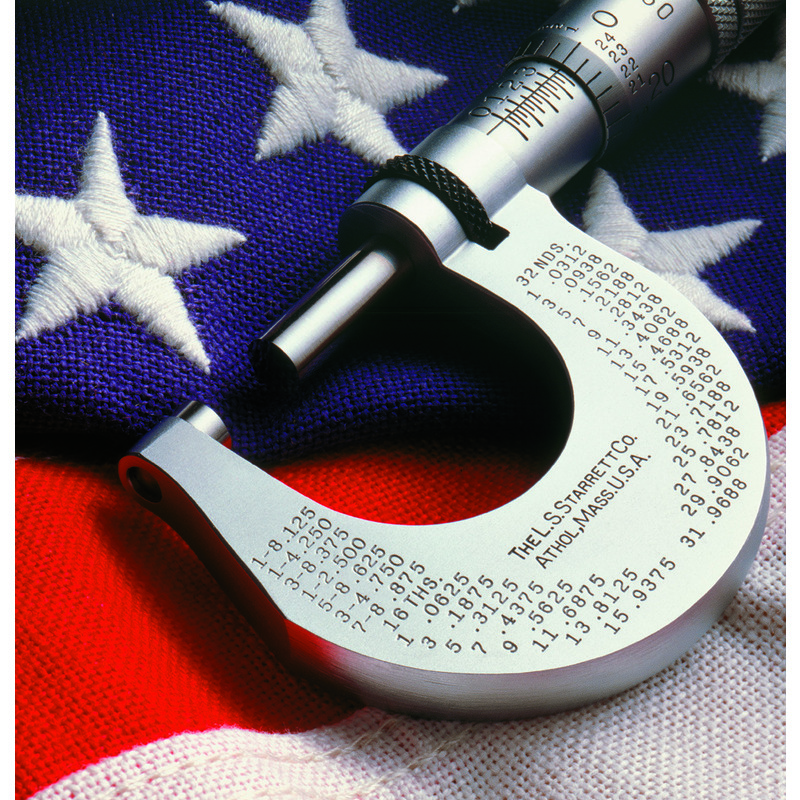 Premium Starrett micrometer resting on an American flag